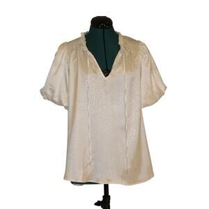 Umgee Ivory Satin Jacquard Blouse Puff Sleeve V-Neck Tie Neckline L